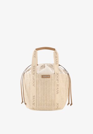 Beżowa dziergana torebka typu bucket z zamknięciem na sznurek z tkaniny, szerokimi uchwytami z logo "JOOP! JEANS" oraz małą skórzaną naszywką z logo z przodu.