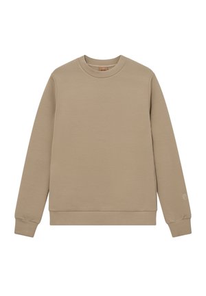 Beiges Sweatshirt mit Rundhalsausschnitt, langen Ärmeln und gerippten Bündchen und Saum, schlichtes Design mit kleinem, dezentem Logo am linken Ärmel.