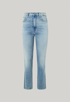 Gaišzilā džinsu bikses ar augstu jostasvietu, taisnu piegriezumu un nedaudz izplešotiem potīšu galiem. Iespēju priekšējās kabatas un vienu pogu aizdari.