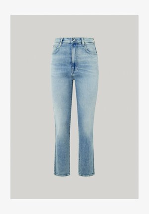 Gaišzilā džinsu bikses ar augstu jostasvietu, taisnu piegriezumu un nedaudz izplešotiem potīšu galiem. Iespēju priekšējās kabatas un vienu pogu aizdari.