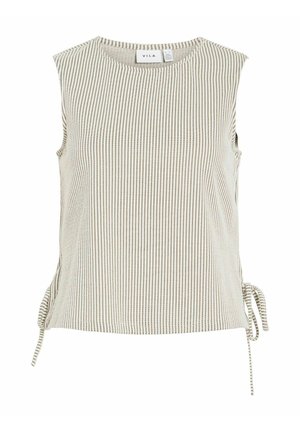 Top beige sin mangas con finas rayas verticales marrones, escote redondo y cordones ajustables a ambos lados del dobladillo.