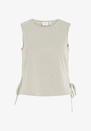 Haut beige sans manches avec fines rayures verticales marron, encolure ronde et cordons à nouer de chaque côté de l'ourlet.