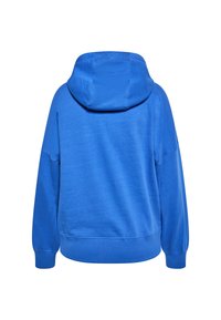 Felpa blu con una texture morbida, dotata di cappuccio, spalle abbassate e polsini e orlo a costine. Tessuto dalla finitura liscia senza motivi.
