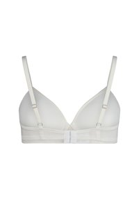 White padded bra with adjustable shoulder straps and hook-and-eye back closure, displayed against a plain white background.
