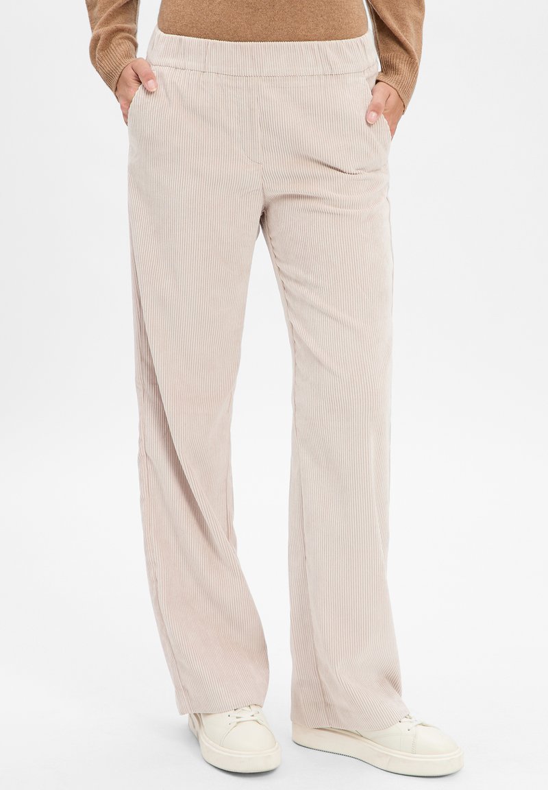 Pantalones de pana color beige claro con pierna ancha, que presentan un patrón de raya texturizada y una cinturilla elástica. Se observan dos bolsillos laterales.