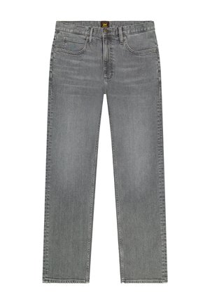 Szürke egyenes szárú farmernadrág öt zsebbel és övhurkokkal, a derékpántján Lee márkajelzéssel.