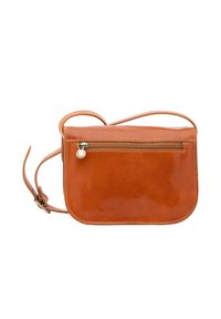 Borsa a tracolla in pelle marrone con una superficie liscia, forma rettangolare e tasca frontale con cerniera; include una tracolla regolabile.