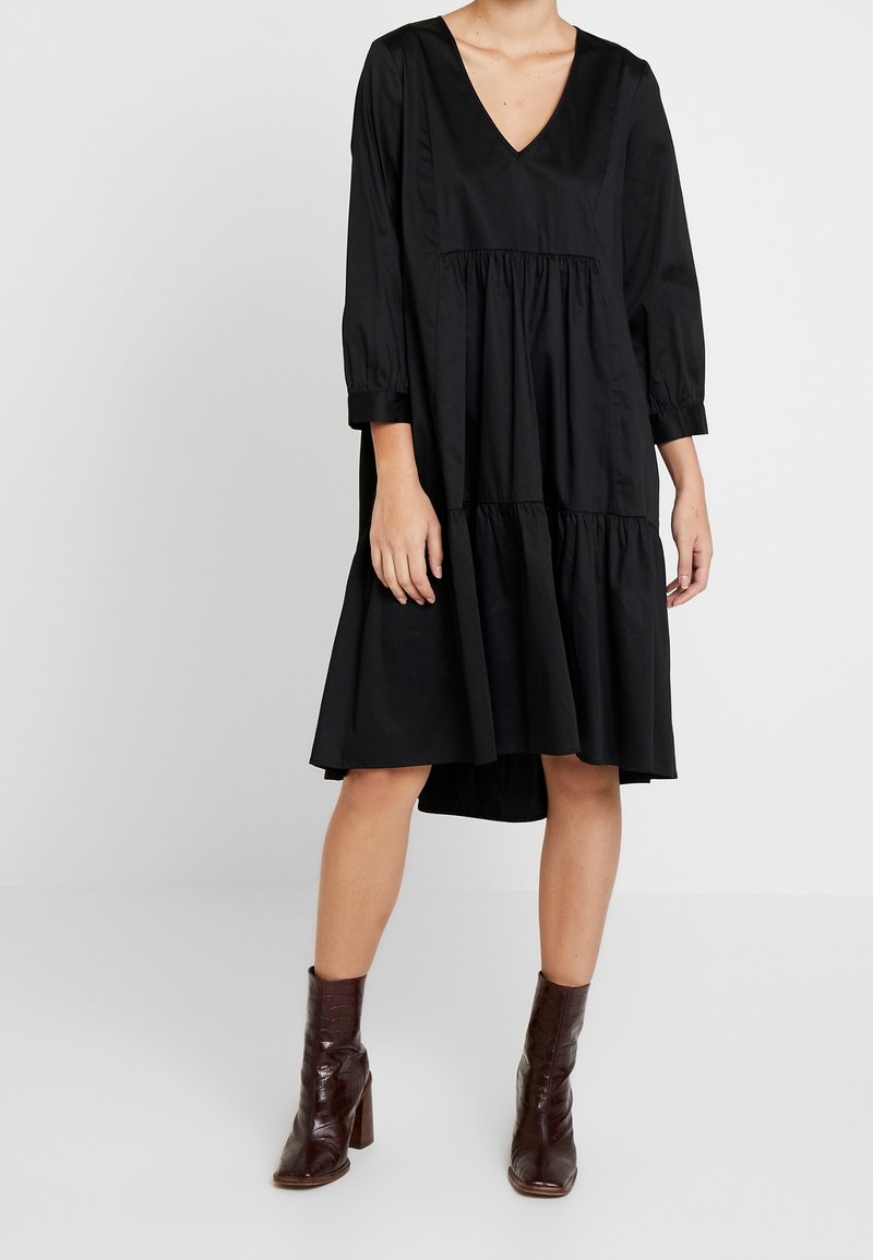 Schwarzes, knielanges Kleid mit V-Ausschnitt, langen Ballonärmeln und gestuftem Rock. Hergestellt aus glattem Stoff mit leichtem Glanz. Kombiniert mit braunen Stiefeletten.