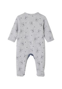 Grauer Baumwollstrampler mit langen Ärmeln, versehen mit einem Koala-Druck und kleinen Blumen. Rippbündchen und Druckknopfverschluss im Rücken.