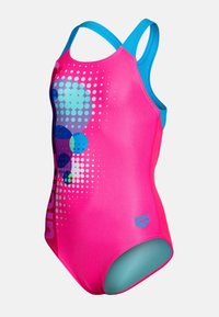Rosa baddräkt i ett stycke med en blå accent. Har ett prickmönster i blå nyanser och en logotyp längst ner. Tillverkad av mjukt, stretchigt material.