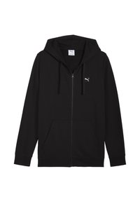 Sort zip-up hættetrøje lavet af blødt stof; har en hætte, to forlommer, elastiske manchetter og et lille hvidt logo på venstre bryst.