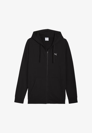 Black zip-up hoodie made of soft fabric; features a hood, two front pockets, elastic cuffs, and a small white logo on the left chest.