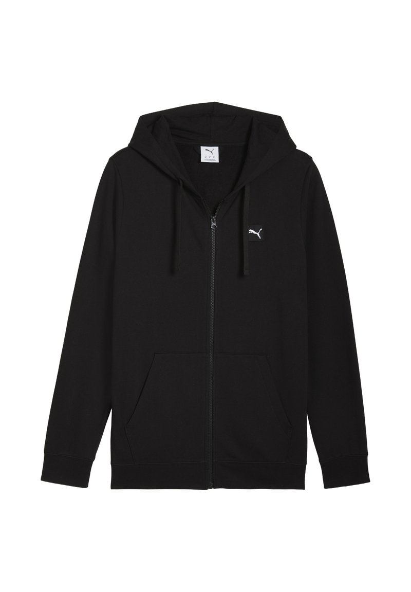 Sort zip-up hættetrøje lavet af blødt stof; har en hætte, to forlommer, elastiske manchetter og et lille hvidt logo på venstre bryst.