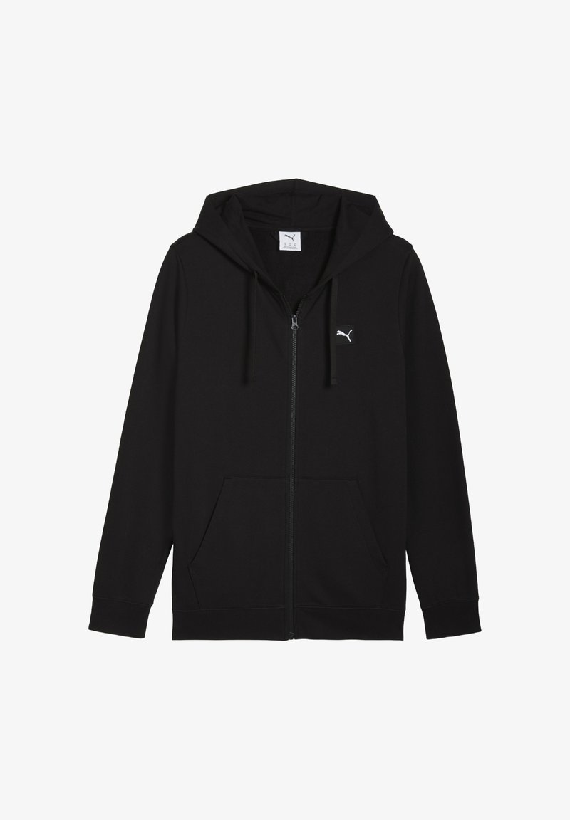 Crna zip-up dukserica od mekog materijala; sadrži kapuljaču, dva prednja džepa, elastične rukave i mali bijeli logo na lijevoj strani grudi.