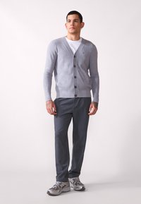 Grijze gebreide cardigan met knopen, getailleerd ontwerp, geribde manchetten, gedragen over een wit t-shirt, gecombineerd met donkergrijze broeken en zilveren sneakers.