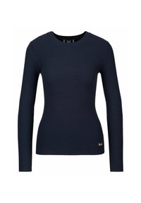 Marineblauer gerippter Pullover mit langen Ärmeln und Rundhalsausschnitt, sportlich geschnitten und mit einem kleinen goldenen Logo-Akzent an der unteren Seite.