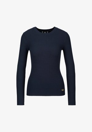 Marineblauer gerippter Pullover mit langen Ärmeln und Rundhalsausschnitt, sportlich geschnitten und mit einem kleinen goldenen Logo-Akzent an der unteren Seite.