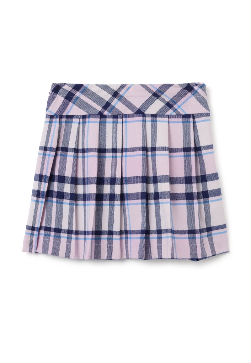 Falda de cuadros en púrpura claro, azul marino y blanco. Presenta plisados, una cinturilla ajustada y un patrón de cuadros clásico con diferentes anchos de franjas.