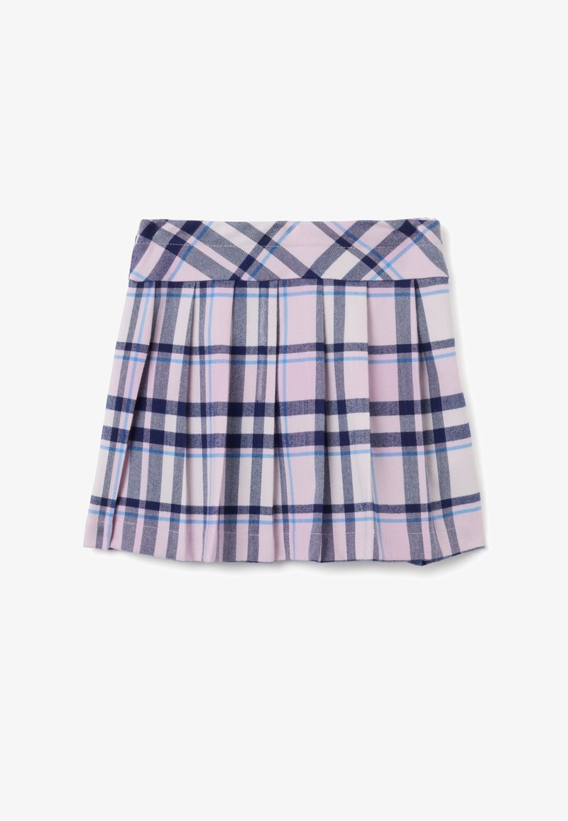 Falda de cuadros en púrpura claro, azul marino y blanco. Presenta plisados, una cinturilla ajustada y un patrón de cuadros clásico con diferentes anchos de franjas.