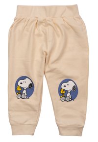 Pantaloni jogger in cotone beige con stampe di Snoopy e Woodstock in accenti ovali blu su ogni gamba. Vita elastica per il massimo comfort.