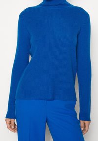 Pull à col roulé côtelé bleu avec manches longues ; tissu en maille léger ; coupe décontractée ; doté d'un col montant et d'un ourlet droit à la taille.