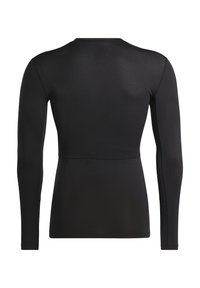 Long-sleeve black top made of stretchy fabric, featuring a fitted design and smooth texture with a round neckline and no visible seams.