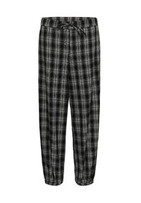 Pantalon en tissu doux à carreaux noirs et gris avec taille élastique et poignets aux chevilles, avec un cordon noué à la taille.
