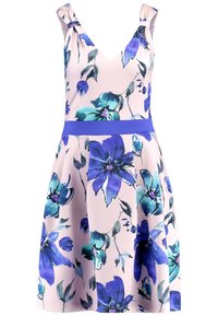 Floral dress in soft pink fabric, featuring blue and teal flowers. Deep V-neck, shoulder bows, and a solid blue waistband. A-line cut.