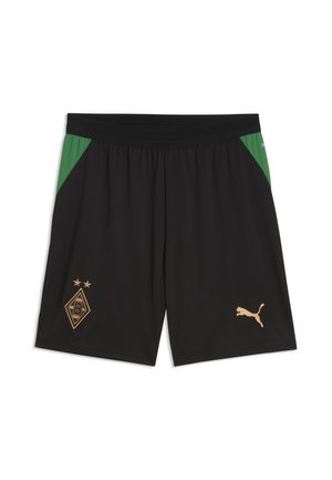 Shorts de sport noirs avec des panneaux verts aux hanches, avec un logo doré Borussia Mönchengladbach sur la jambe gauche et un logo doré Puma sur la droite.