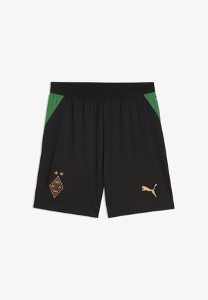 Schwarze Athletikshorts mit grünen Einsätzen an den Hüften, mit einem goldenen Borussia Mönchengladbach-Logo am linken Bein und einem goldenen Puma-Logo am rechten Bein.