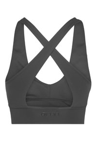 Svart sports-BH med bredt bånd, kryssende stropper bak, og mykt, glatt stoff. Logoen er synlig på frontbåndet.