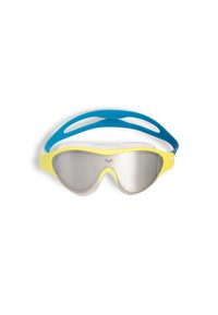 Cuffie con una montatura in silicone gialla, cinturino blu e lenti specchiate. Design elegante per attività acquatiche, con una vestibilità comoda.