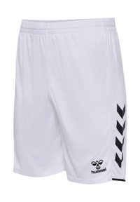 Weiße Sportshorts mit elastischem Bund, schwarzem hummel-Logo nahe dem Saum und drei schwarzen Chevron-Streifen an der rechten Seite.