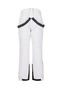 Witte skibroek met elastische tailleband, zwarte accenten bij de zoom en verstelbare bandjes op de rug. Glad textuur, taps toelopend ontwerp.