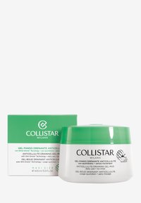 Collistar Anticellulite Drainagegel-Mud in einem weißen Glas mit grünem Deckel, begleitet von einer grünen Box. Text auf dem Glas enthält Produktdetails.