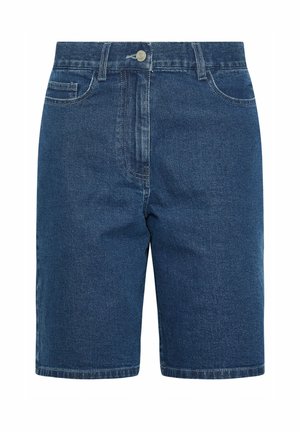 Dżinsowe szorty w ciemnym niebieskim kolorze o prostej formie, z pięcioma kieszeniami i metalowym zapięciem. Posiadają delikatne efekt wyblaknięcia oraz przeszywane akcenty.