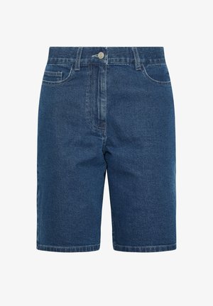 Dżinsowe szorty w ciemnym niebieskim kolorze o prostej formie, z pięcioma kieszeniami i metalowym zapięciem. Posiadają delikatne efekt wyblaknięcia oraz przeszywane akcenty.