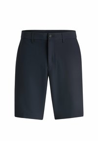 Marineblau Shorts aus Stretchstoff, mit Knopfverschluss, flachem Vorderteil und Seitentaschen. Glatte Textur mit minimalen Nähdetails.