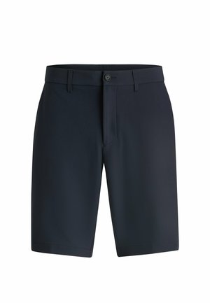 Marineblå shorts i strækstof med knaplukning, flad front og sidelommer. Glat tekstur med minimale syninger.