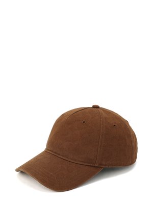 Casquette de baseball en tissu marron avec motif texturé, visière incurvée et sangle ajustable à l'arrière. Comprend des œillets de ventilation et des détails de couture.