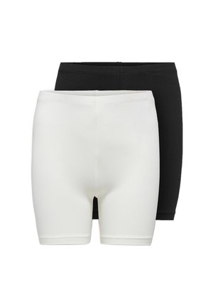 Zwei Paar schlichte, knielange Shorts, eines vorne in Weiß und eines hinten in Schwarz, auf einem weißen Hintergrund präsentiert.