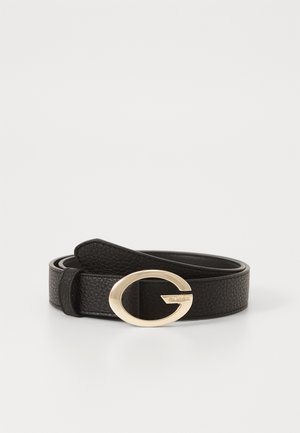 Cintura in pelle nera con finitura testurizzata, dotata di una fibbia ovale color oro con il logo del marchio. Il design è semplice e funzionale.