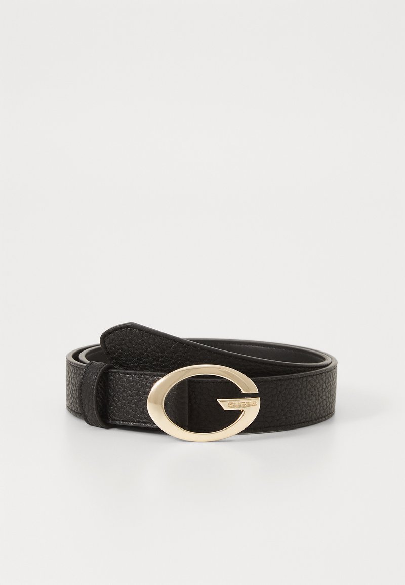 Black leather belt with a textured finish, featuring a gold-tone oval buckle with a brand logo. The design is simple and functional.