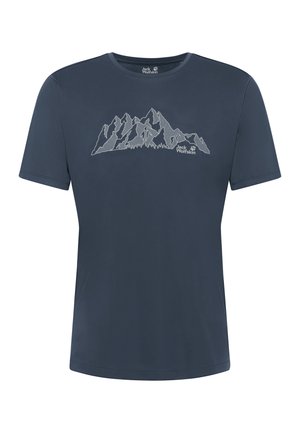 Marineblauw T-shirt met korte mouwen, een witte omtrek van een bergontwerp en het Jack Wolfskin-logo op de borst.