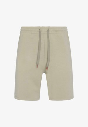 Világos bézs színű rövidnadrág, rugalmas derékkal, zsinóros záródással és két oldalsó zsebbel. Pamut keverék anyag, sima textúra, laza dizájn.