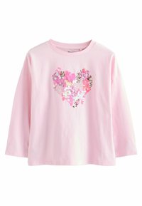 Helles rosa Langarmhemd mit einem Herzdesign aus bunten Pailletten in den Farben Rosa, Lila und Silber.
