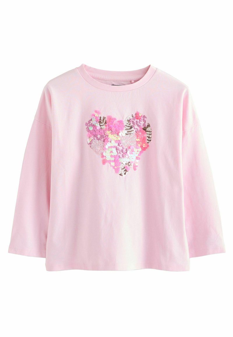 Helles rosa Langarmhemd mit einem Herzdesign aus bunten Pailletten in den Farben Rosa, Lila und Silber.