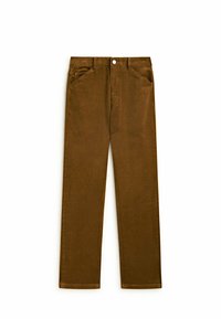 Pantalon en velours côtelé marron à jambes droites, avec deux poches avant, une fermeture à bouton unique, et un tissu texturé.
