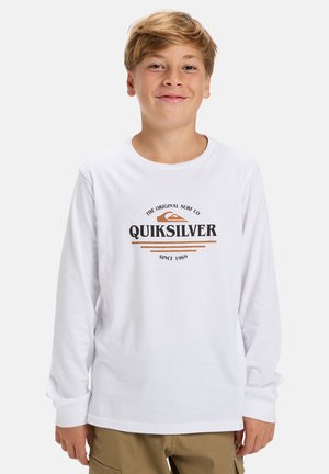 Witte longsleeve T-shirt met het Quiksilver-logo in zwart en bruin. Het shirt heeft een ronde hals en ribgebreide manchetten.