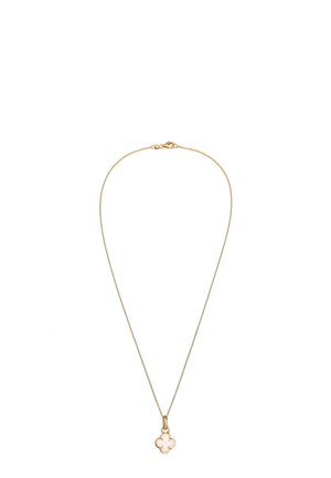 Delicate gold chain necklace with a small, gold-edged four-leaf clover-shaped pendant featuring a white center.